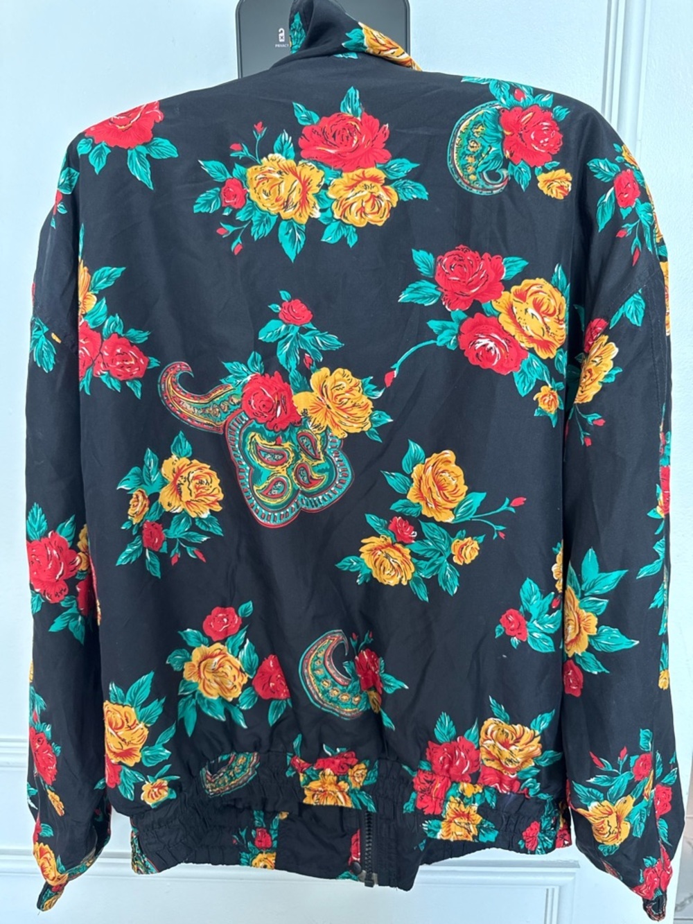 Vintage 90s Activewear Floral Silk Bomber Jacket Roses High Funnel Neck - Picture 5 of 6